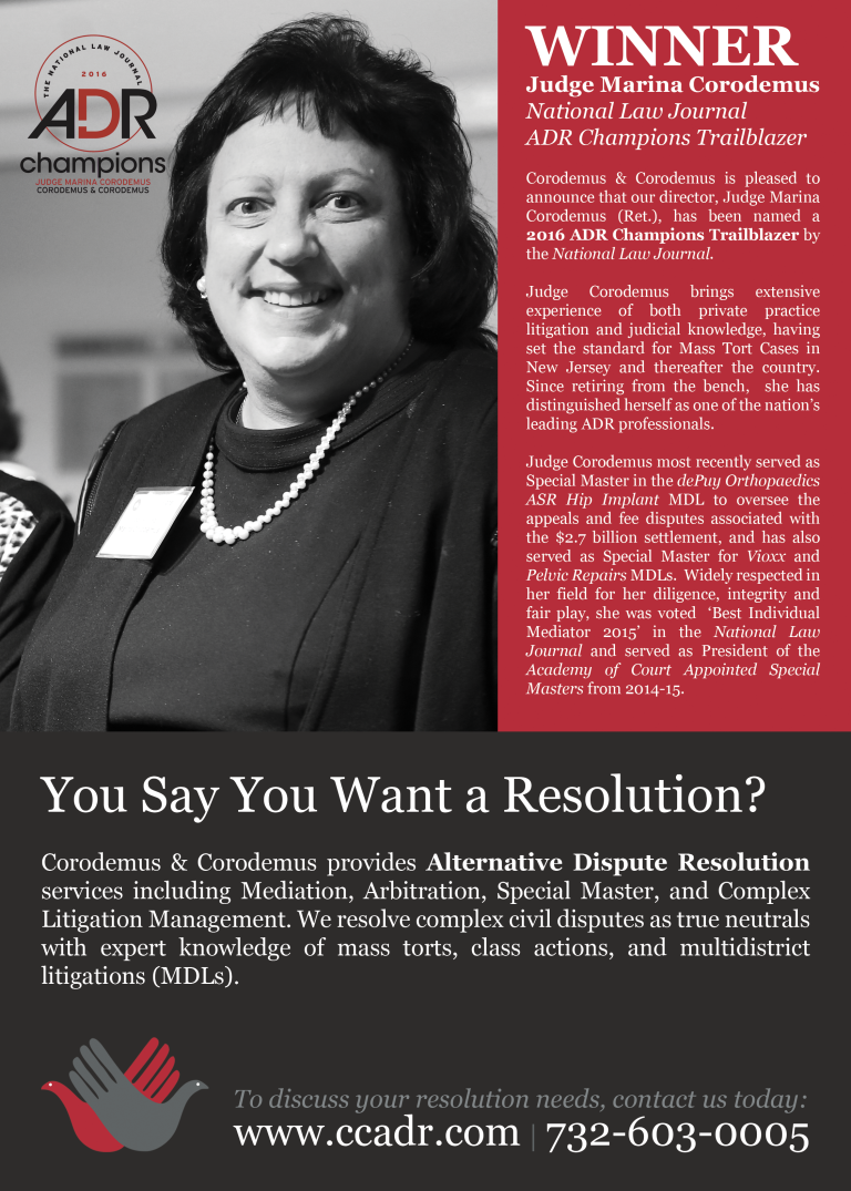Judge Corodemus Named 2016 ADR Champions Trailblazer 1 ADR Champions Trailblazer Ad